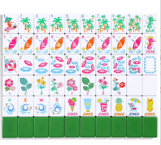 Summer Green Acrylic Mahjong Tile Set displayed showing all suits - tropical bamboo tiles with palm trees and seahorses, surfboard crak tiles, pool float dot tiles, hibiscus flower tiles, wave NEWS wind tiles, and summer joker tiles with ice cream, pineapple, and swimsuit - NMJL compatible American mahjong gift set, Corey Paige, Bespoke Mahjong, My Fair Mahjong, Oh My Mahjong - NYC luxury gift shop, nationwide delivery