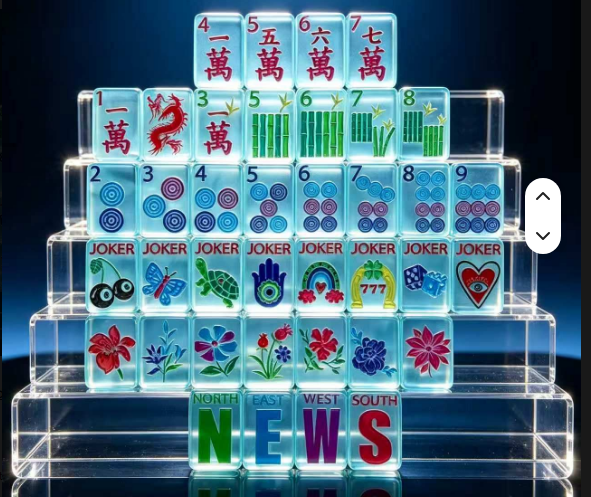 Lucky Charm Blue Pearl acrylic mahjong tile set displayed in a pyramid arrangement - NMJL compatible American mahjong tiles featuring joker, flower, bamboo, dot, crak, and NEWS wind tiles with luminous blue glow - NYC luxury gift shop, nationwide delivery