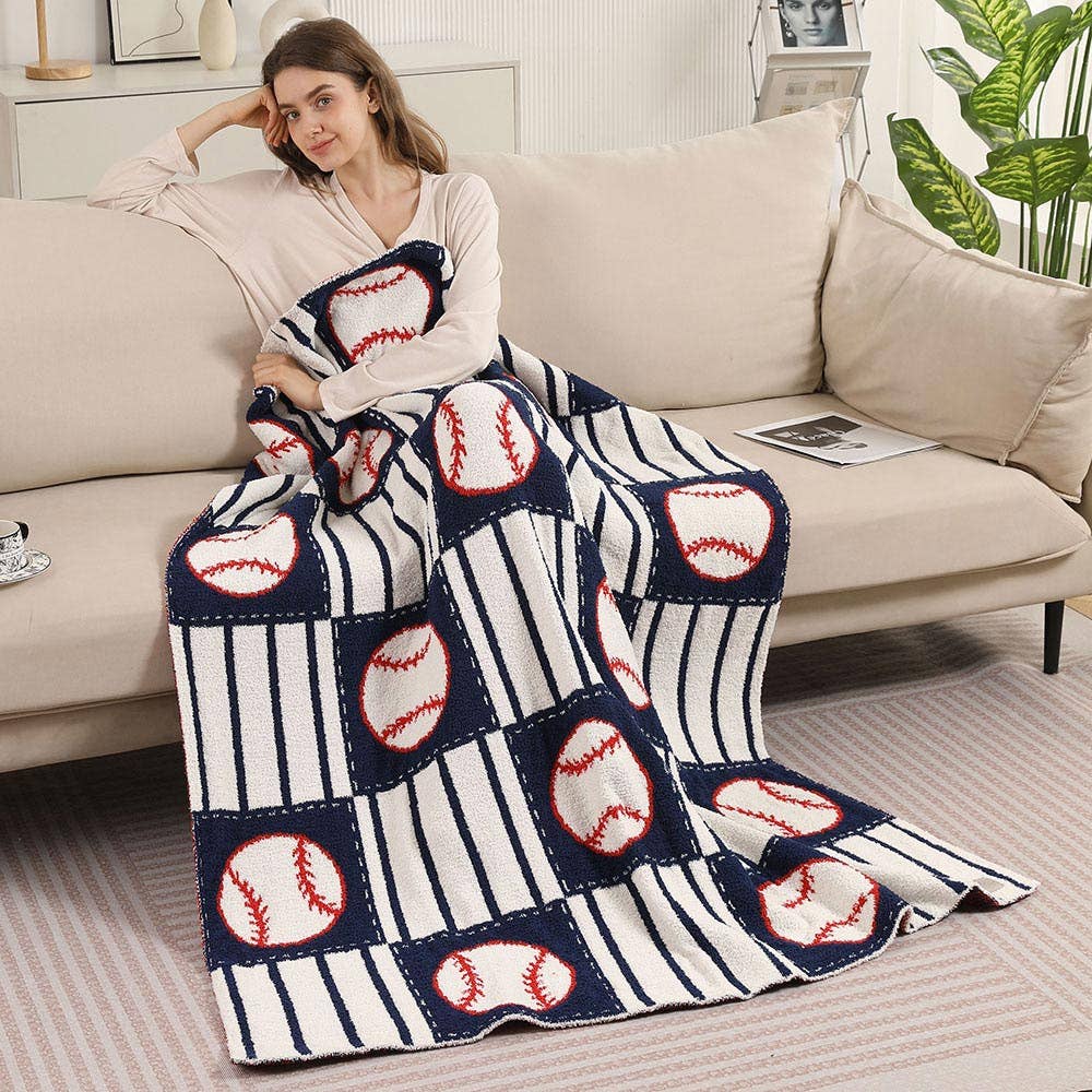 Baseball patterned reversible throw blanket, a cozy gift for baseball fans, birthdays, get well, thank you, Father’s Day, Mother’s Day, staff appreciation day, Christmas and holidays. NYC / New York City corporate gifts and gifts for all occasions, with nationwide delivery from our Long Island gift store