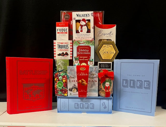 Luxury LIFE or Battleship bookshelf game gift basket with premium gourmet treats - bold corporate gift for New York clients and holiday gifting
