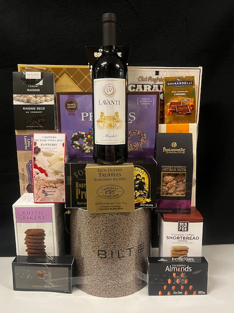 Customized branded ice bucket with a corporate logo, wine and assorted chocolates and snacks, for client appreciation and holiday gifting in NYC and nationwide.