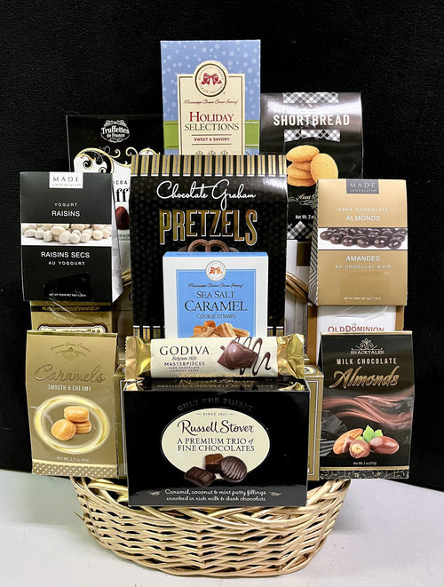 Black, blue, and gold gourmet corporate gift basket - premium sweet and savory gift basket with chocolates, nuts, and biscotti, delivered nationwide and to New York City NYC - perfect for corporate gifts, client appreciation, employee appreciation, holiday gifting, and Christmas and Chanukah baskets