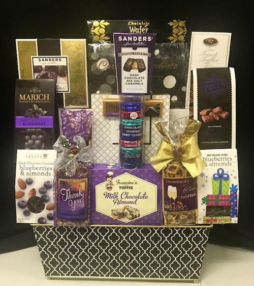 Black and white tin gourmet gift basket - elegant keepsake tin with premium gourmet chocolates, truffles, and luxury candies, delivered nationwide and to New York City NYC - ideal for employee appreciation, thank you gifts, and Christmas and Chanukah gifting