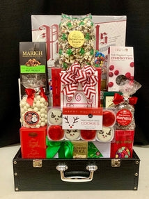 Black faux leather trunk luxury gourmet corporate gift - sophisticated structured keepsake trunk filled with premium chocolates, gourmet candies, and luxury sweets, delivered nationwide and to New York City NYC - perfect for corporate holiday gifts, client appreciation, and employee appreciation