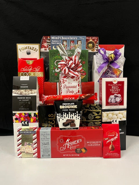 Black Red & Ready Luxury Gourmet Gift Basket Gathering - premium chocolates, cookies, nuts, truffles, and savory treats in a bold black and red presentation - NYC delivery and nationwide shipping