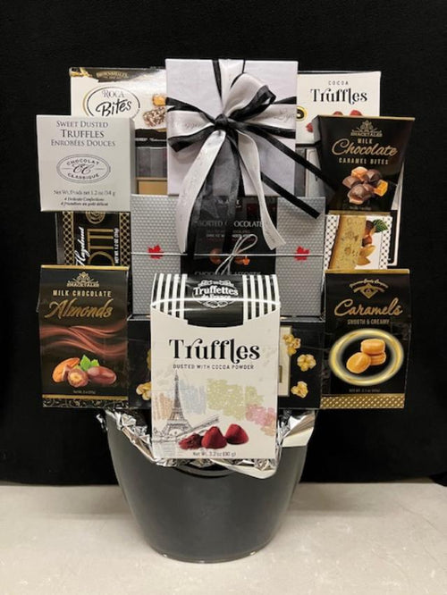 Black Tie premium acrylic beverage bin - sleek black and clear reusable bin for drinks and snacks, perfect for conference rooms, home bars, and office entertaining, delivered nationwide and to New York City NYC - ideal for corporate gifts, client appreciation, and employee appreciation
