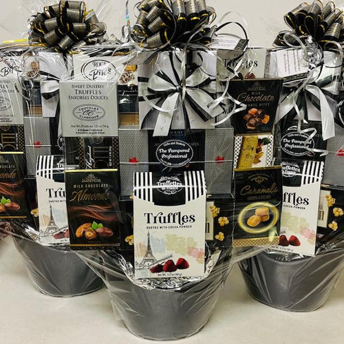 Black Tie acrylic beverage bin gift - bulk order for a corporate client - beautifully wrapped gourmet corporate gift bin for drinks and snacks, delivered nationwide and to New York City NYC - perfect for lease renewals, client appreciation, Christmas and Chanukah gifting, and corporate holiday gifts