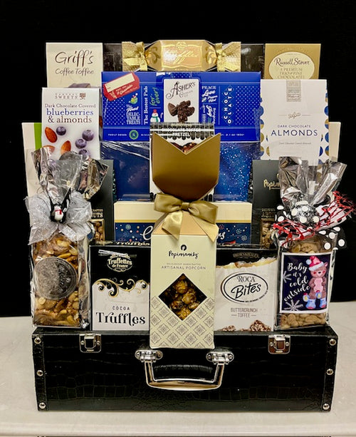 Black trunk with silver hardware luxury gourmet corporate gift - sleek keepsake trunk filled with premium chocolates, gourmet candies, and luxury sweets, delivered nationwide and to New York City NYC - perfect for executive gifts, client appreciation, employee appreciation, and corporate holiday gifting