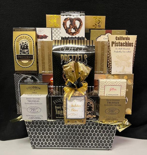 Black and white herringbone tin gourmet corporate gift - chic high-contrast keepsake tin filled with luxury chocolates, premium candies, and gourmet sweets, delivered nationwide and to New York City NYC - perfect for corporate holiday gifts, client appreciation, and lease renewals