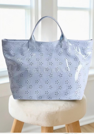 Blue Eyelet glossy beach tote - PVC exterior summer bag, perfect birthday or bridal shower gift for women | The Pampered Professional