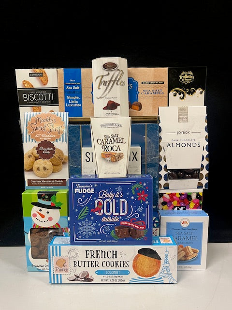 Blue Horizon Luxury Gourmet Gift Basket Gathering - premium chocolates, cookies, nuts, truffles, and savory treats in a serene blue presentation - NYC delivery and nationwide shipping