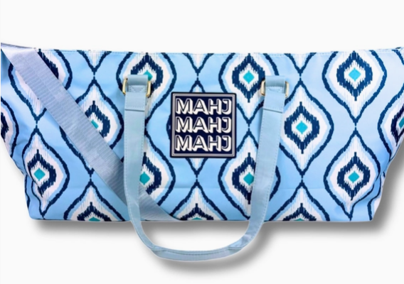 Blue patterned bag with 'MAHJ' branding on a white background