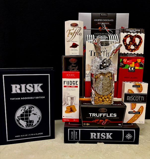 Luxury RISK bookshelf game gift basket with premium gourmet treats - bold corporate gift for NYC financial firms, clients, and colleagues
