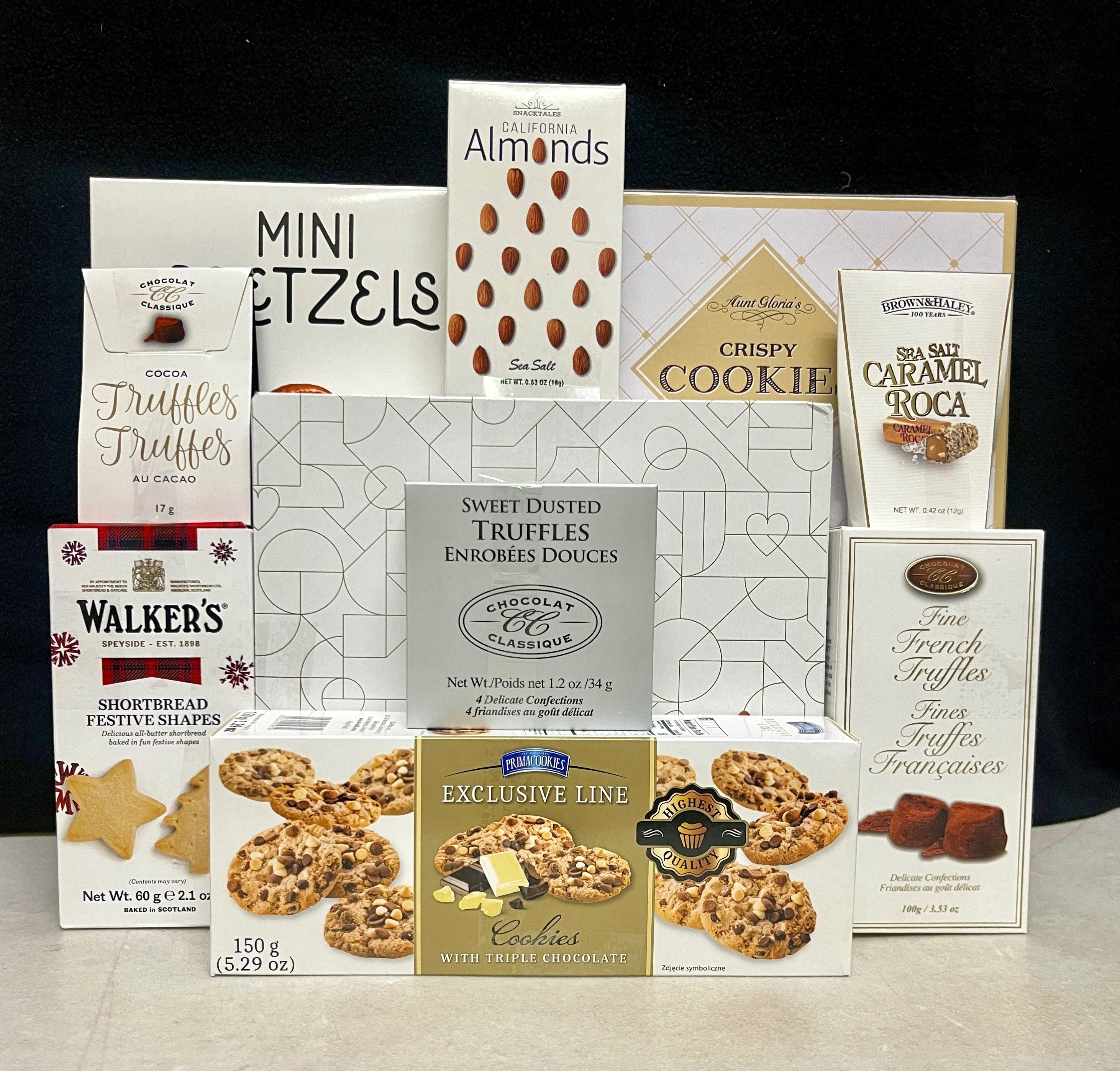 Bright White Luxury Gourmet Gift Basket Gathering - premium chocolates, cookies, nuts, truffles, and savory treats in an elegant white presentation - NYC delivery and nationwide shipping