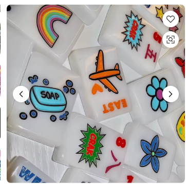 Pop Art Acrylic Mahjong Tiles close-up - vibrant illustrated acrylic tiles with rainbow, airplane, flower and soap pop art graphics - fun mahjong set gift for all occasions - nationwide delivery Long Island gift store
