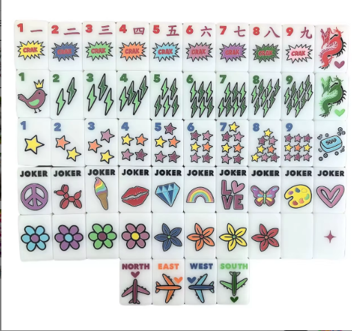 Pop Art Acrylic Mahjong Tile Set - complete tile layout featuring colorful pop art designs including jokers, flowers, winds and suits - Corey Paige, Bespoke Mahjong, My Fair Mahjong, Oh My Mahjong style - NYC mahjong gift

