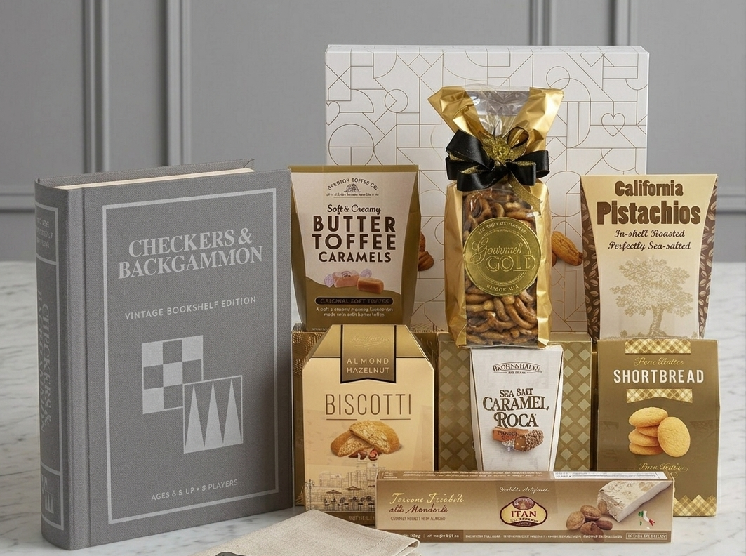 Checkers and Backgammon Vintage Bookshelf Edition luxury corporate gift basket with premium gourmet treats - corporate gifts for executives, clients, colleagues, law firms, and tenants - NYC and Long Island gift store, nationwide delivery - The Pampered Professional