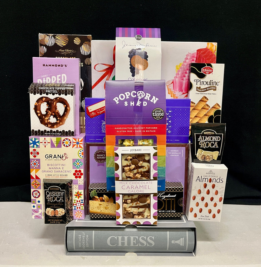 Chess bookshelf game gift basket with gourmet chocolates and specialty treats - luxury corporate gift for NYC corporate gifting and client appreciation