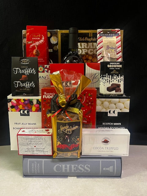 Luxury Chess bookshelf game gift basket with premium gourmet chocolates and treats - sophisticated corporate gift for NYC clients and colleagues