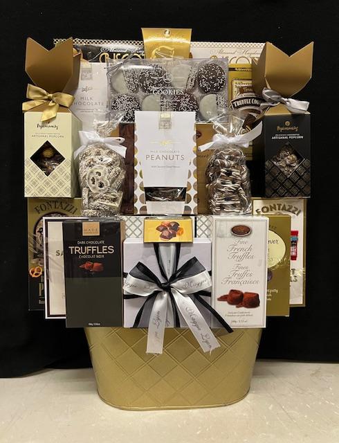 Classic Glittering Gold large tin luxury gourmet corporate gift - grand luminous gold keepsake tin filled with premium chocolates, gourmet candies, truffles, and luxury sweets, delivered nationwide and to New York City NYC - perfect for corporate holiday gifts, client appreciation, employee appreciation, and lease renewals