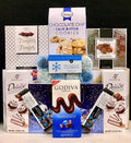 Coastal Blue Gourmet Gift Basket Luxury Gathering - premium chocolates, cookies, nuts, and truffles presented in crisp white and blue packaging - NYC delivery and nationwide shipping