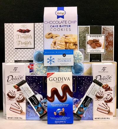 Coastal Blue Gourmet Gift Basket Luxury Gathering - premium chocolates, cookies, nuts, and truffles presented in crisp white and blue packaging - NYC delivery and nationwide shipping