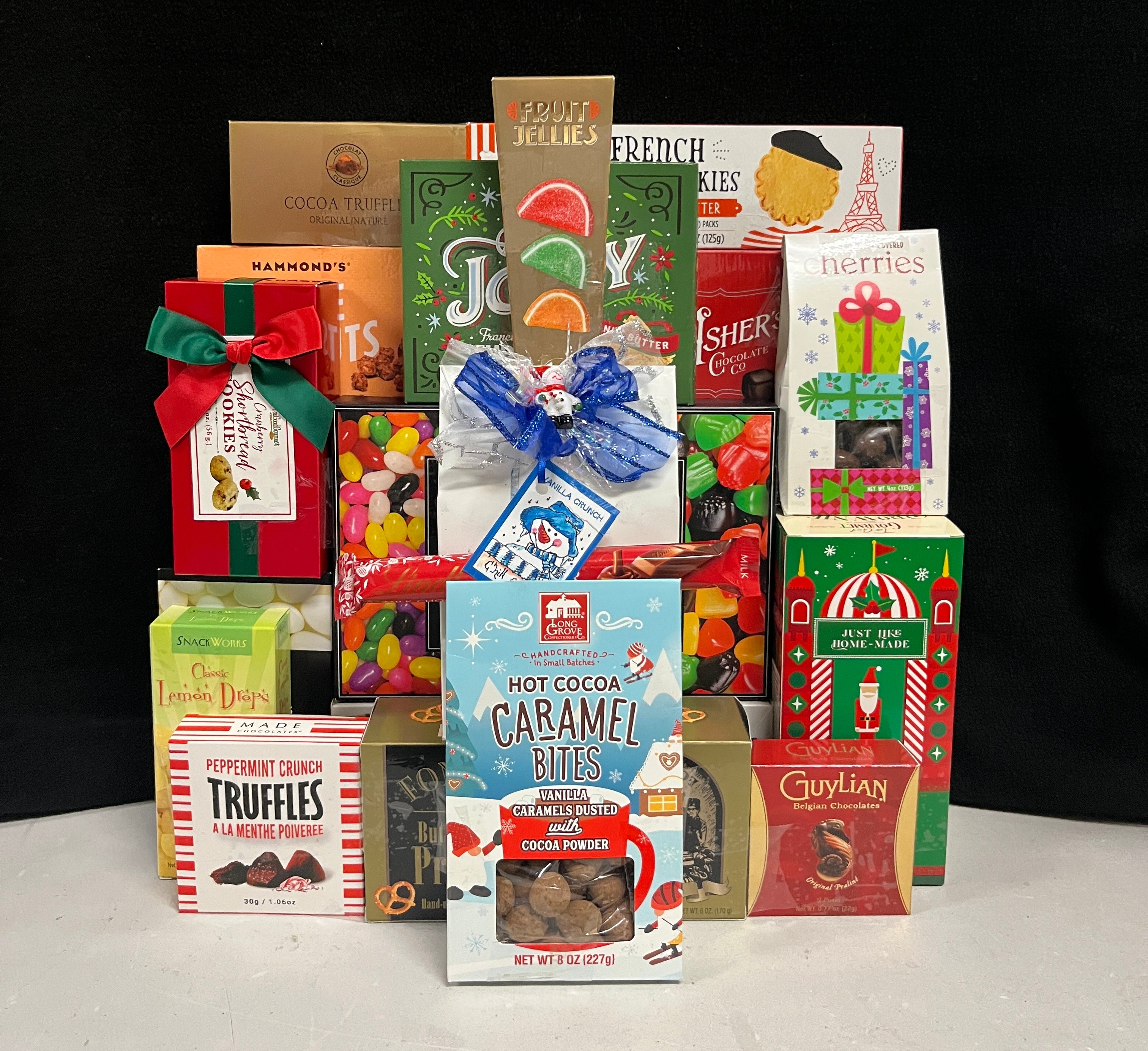 Colorful Indulgence Luxury Gourmet Gift Basket Gathering - premium chocolates, cookies, nuts, and truffles in vibrant multicolor packaging - perfect for all occasions - NYC delivery and nationwide shipping