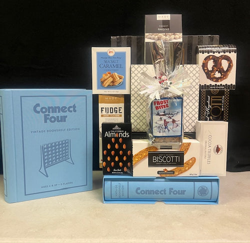 Luxury Connect Four bookshelf game gift basket with premium gourmet chocolates and treats - quick-play corporate gift perfect for New York offices and reception areas
