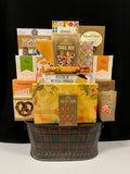 Corporate Gift Basket Condolence Tin - comforting gourmet packaged foods in warm yellows and golds presented in a rich brown bin - thoughtful corporate condolence gift with NYC delivery and nationwide shipping