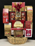 Corporate Gift Basket Sympathy Burgundy - comforting gourmet treats with premium chocolates, cookies, and nuts in a classic woven basket with rich burgundy, maroon, and gold tones - thoughtful corporate condolence gift with NYC delivery and nationwide shipping