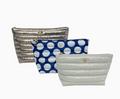Lemonbella Allie Trio cosmetic pouch set in Gold White Polka Dot - quilted puffer travel bags, birthday and bridal shower gift for her | The Pampered Professional