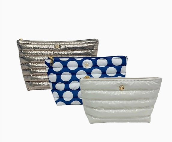 Lemonbella Allie Trio cosmetic pouch set in Gold White Polka Dot - quilted puffer travel bags, birthday and bridal shower gift for her | The Pampered Professional