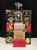 Crimson Luxury Gourmet Gift Basket Gathering - premium holiday chocolates, cookies, nuts, and truffles in an elegant crimson presentation - NYC delivery and nationwide shipping