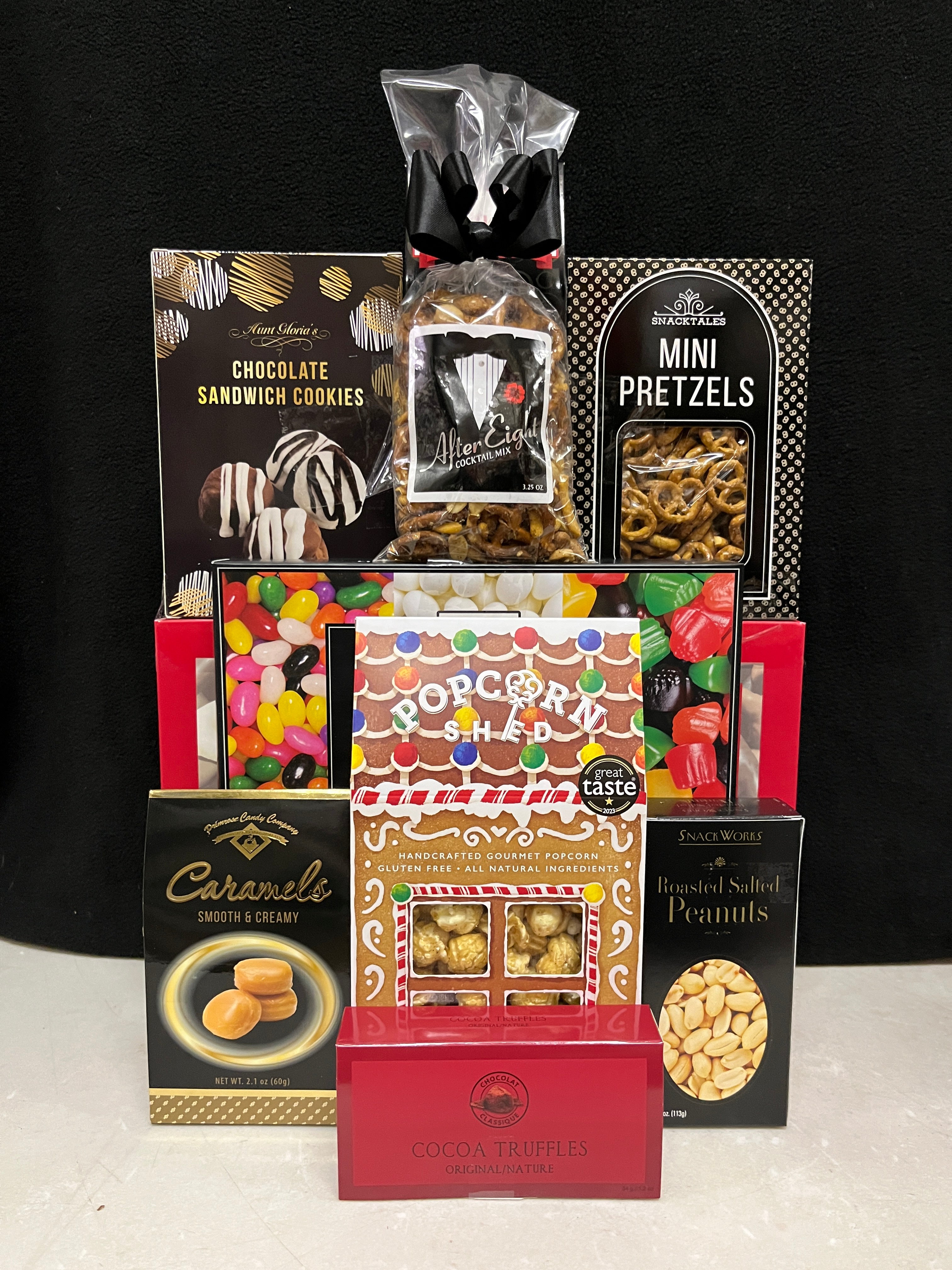 Crimson Luxury Gourmet Gift Basket Gathering - premium holiday chocolates, cookies, nuts, and truffles in an elegant crimson presentation - NYC delivery and nationwide shipping
