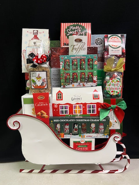 Deck The Halls white holiday gourmet sleigh - luxury decorative sleigh filled with chocolates, cookies, nuts, and truffles, delivered nationwide and to New York City NYC - perfect for corporate holiday gifts, client appreciation, Christmas and Chanukah gifting, and employee appreciation