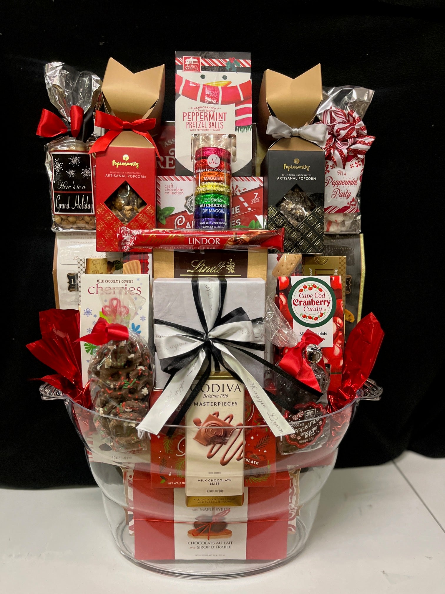 Deluxe clear acrylic beverage bin luxury gourmet corporate gift - crystal-clear keepsake bin showcasing premium chocolates, gourmet candies, truffles, and luxury sweets, perfect for conference rooms and home entertaining, delivered nationwide and to New York City NYC - perfect for lease renewals, client appreciation, employee appreciation, and corporate holiday gifting