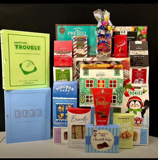 Luxury Trouble or LIFE bookshelf game gift basket with premium gourmet treats - playful corporate gift for New York clients and tenant renewals