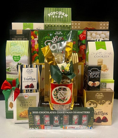 Emerald Green Luxury Gourmet Gift Basket Gathering - premium chocolates, cookies, nuts, and truffles in rich emerald green packaging - perfect for holiday, corporate, and all occasion gifting - NYC delivery and nationwide shipping