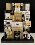Luxury faux leather tray gift basket beautifully styled with premium gourmet treats - refined corporate gift for New York clients and client appreciation