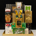 Luxury green and gold faux leather tray gift basket with premium gourmet chocolates and treats - elegant corporate gift for NYC clients and tenant renewals