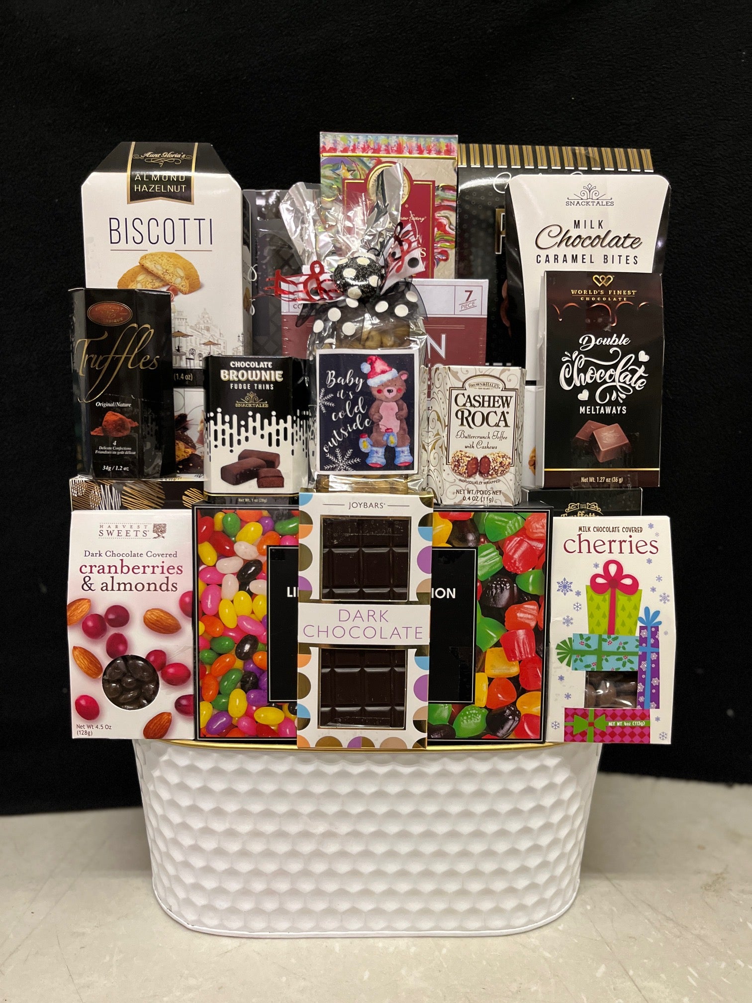 Festive Favorites holiday keepsake tin - classic gourmet gift tin filled with luxury chocolates, premium candies, truffles, and gourmet sweets, delivered nationwide and to New York City NYC - perfect for Christmas and Chanukah baskets, corporate holiday gifts, client appreciation, and employee appreciation