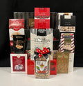 Fire & Ice Luxury Gourmet Gift Basket Gathering - premium chocolates, cookies, nuts, and truffles in a striking red, silver, black, and gold presentation - NYC delivery and nationwide shipping