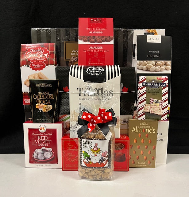 Fire & Ice Luxury Gourmet Gift Basket Gathering - premium chocolates, cookies, nuts, and truffles in a striking red, silver, black, and gold presentation - NYC delivery and nationwide shipping