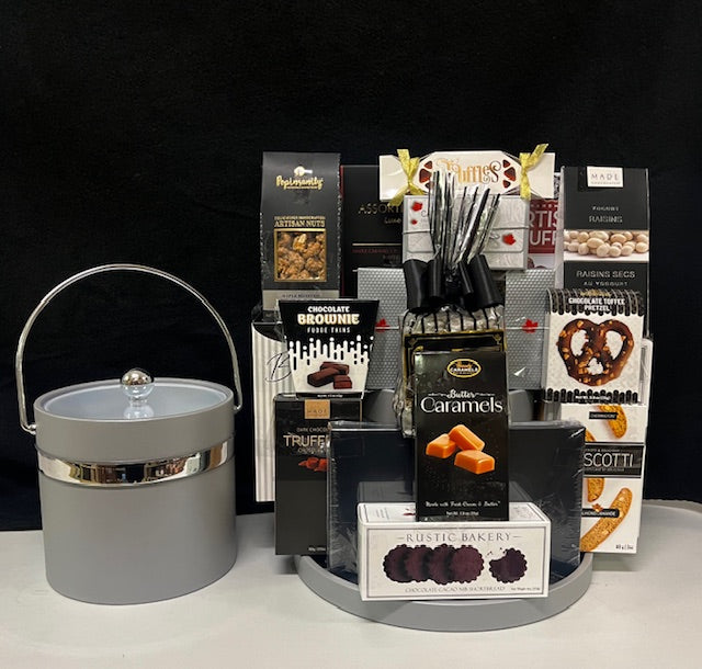Luxury ice bucket and tray gift basket filled with premium gourmet chocolates and treats - a fabulous gift for the office, conference room, home, or bar area - NYC corporate gift, nationwide delivery