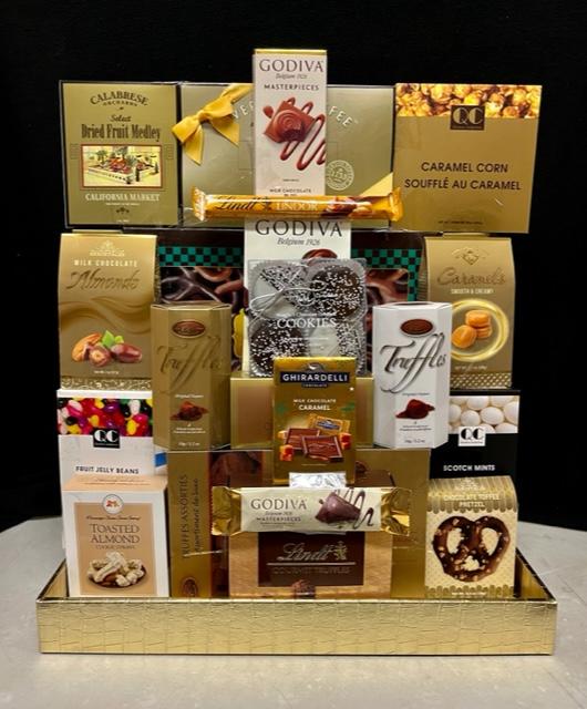 Glittering Gold Gourmet Faux Leather Tray - luxury reusable gold faux leather keepsake tray filled with premium chocolates, cookies, nuts, and truffles - perfect for corporate gifts, client appreciation, and special occasions - NYC delivery and nationwide shipping