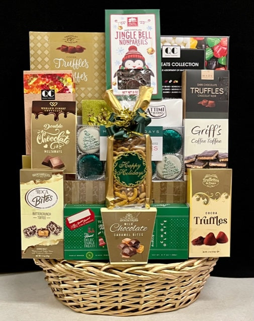 Glittering Green luxury gourmet gift basket - elegant green-themed premium gift basket with chocolates, cookies, nuts, and caramels, delivered nationwide and to New York City NYC - perfect for corporate holiday gifts, Christmas and Chanukah baskets, client appreciation, tenant renewals, and get well baskets