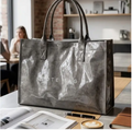 Large gray high-shine PVC tote bag - water-resistant carry-all for women - birthday, corporate, and holiday gift - NYC gift store, ships nationwide