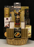 Golden Edge luxury gourmet gift basket - polished gold-themed premium basket with chocolates, cookies, nuts, truffles, and caramels, delivered nationwide and to New York City NYC - perfect for corporate gifts, client appreciation, employee appreciation, thank you gifts, and Christmas and Chanukah baskets