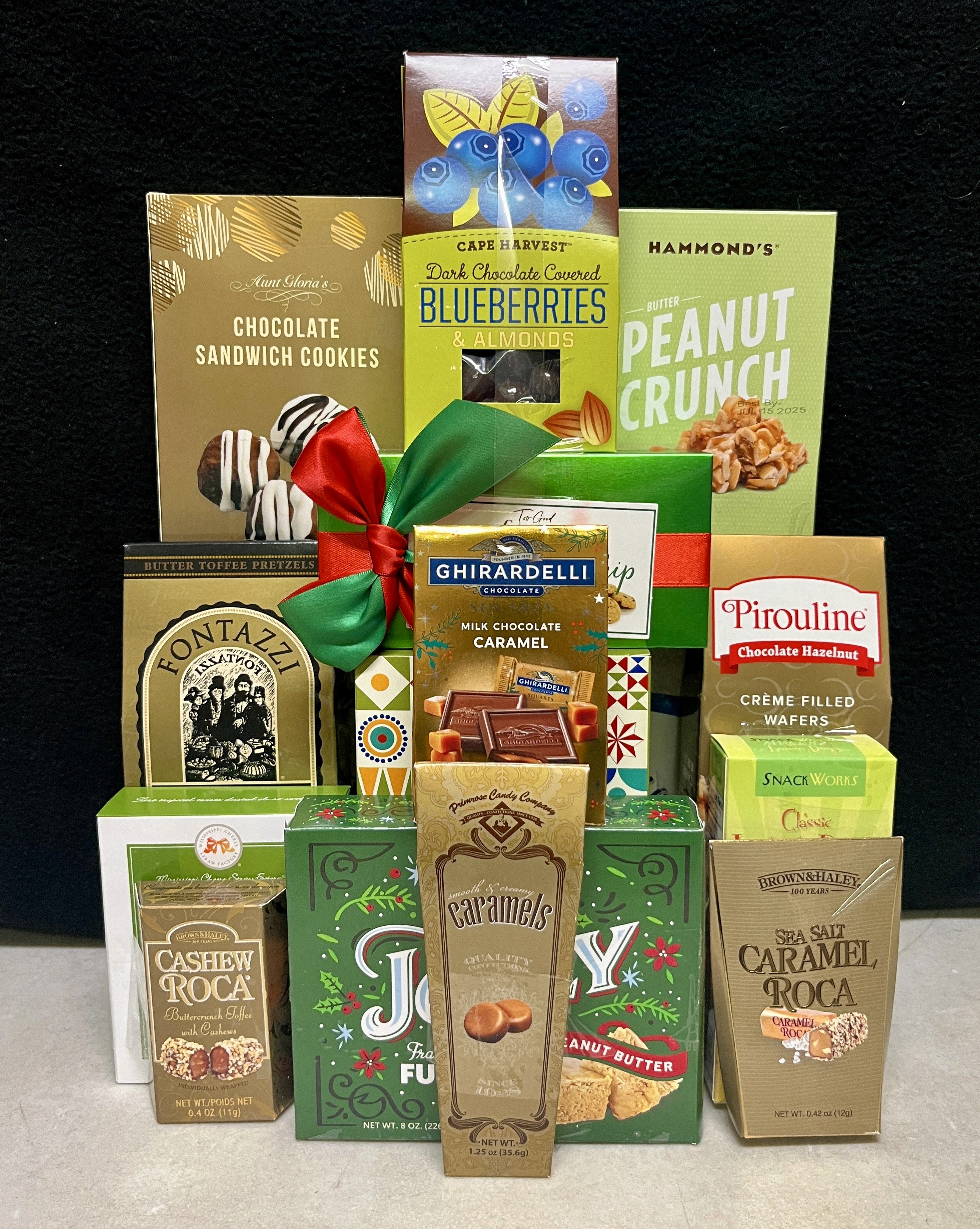 Golden Garden Luxury Gourmet Gift Basket Gathering - premium chocolates, cookies, nuts, and truffles in an elegant green and gold presentation - NYC delivery and nationwide shipping