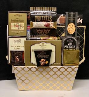 Gold fabric bin gourmet corporate gift - warm textured gold keepsake bin filled with luxury chocolates, gourmet candies, and premium sweets, delivered nationwide and to New York City NYC - perfect for corporate holiday gifts, client appreciation, and lease renewals